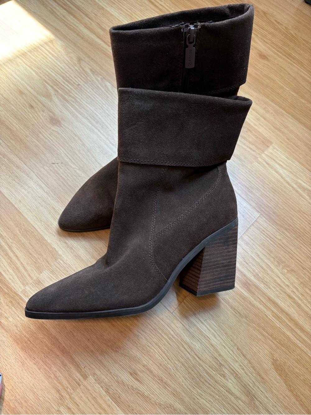 Fold-Over Suede Pointed-Toe Ankle Boots in Dark Brown